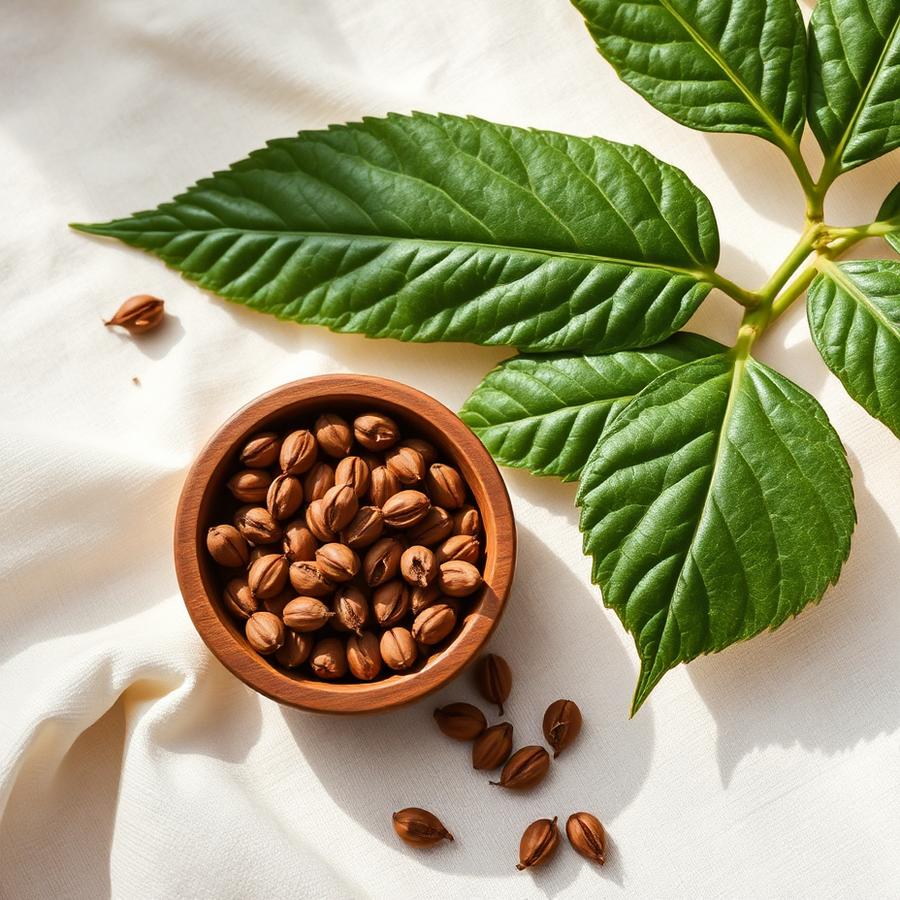 Castor seeds in a wooden bowl beside castor plant leaves