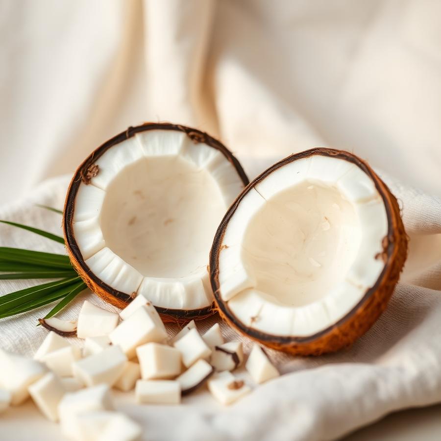 Halved fresh coconut with white flesh on cream cloth