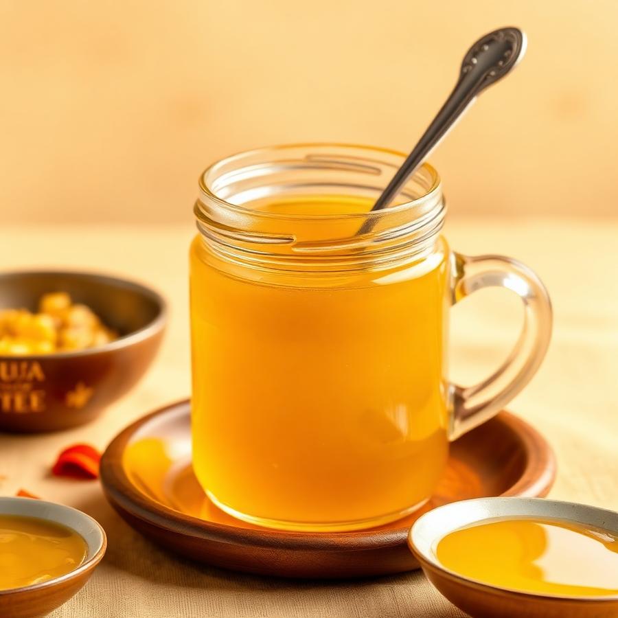 Golden ghee in a glass jar with a spoon on a warm cream background