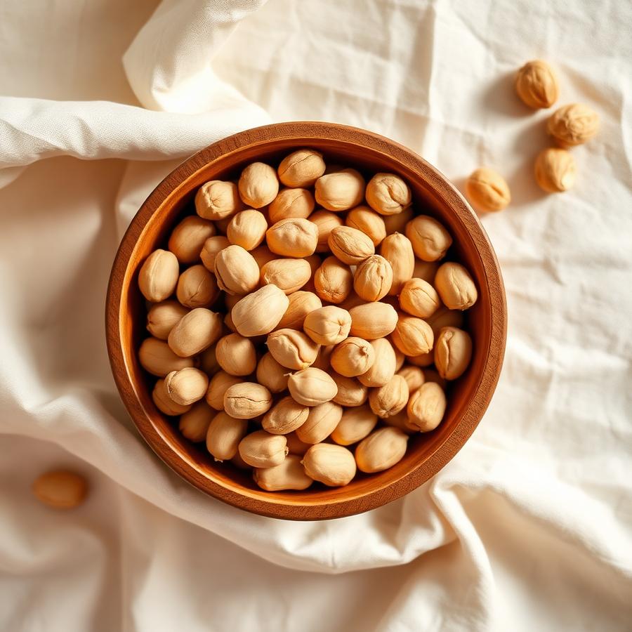 Fresh raw groundnuts in a wooden bowl on cream linen