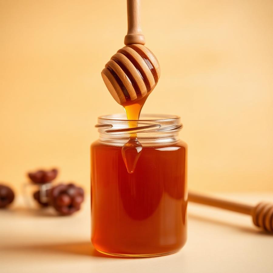 Honey dripping from a wooden dipper into a glass jar