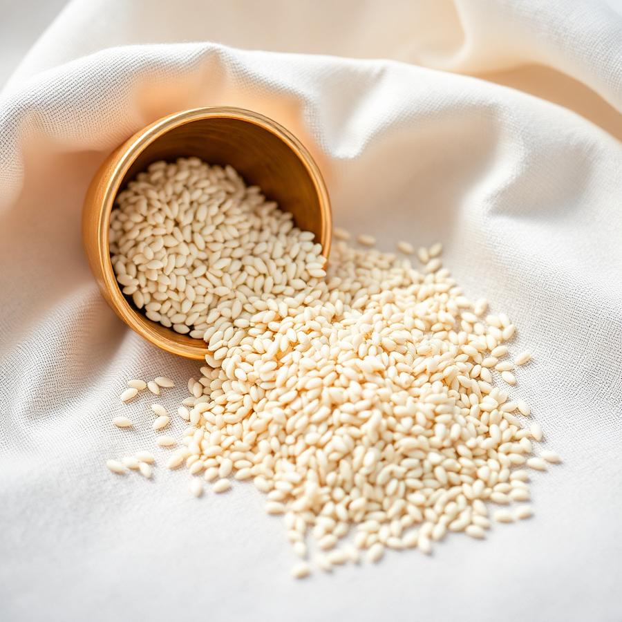 White sesame seeds spilling from a brass bowl onto cream linen