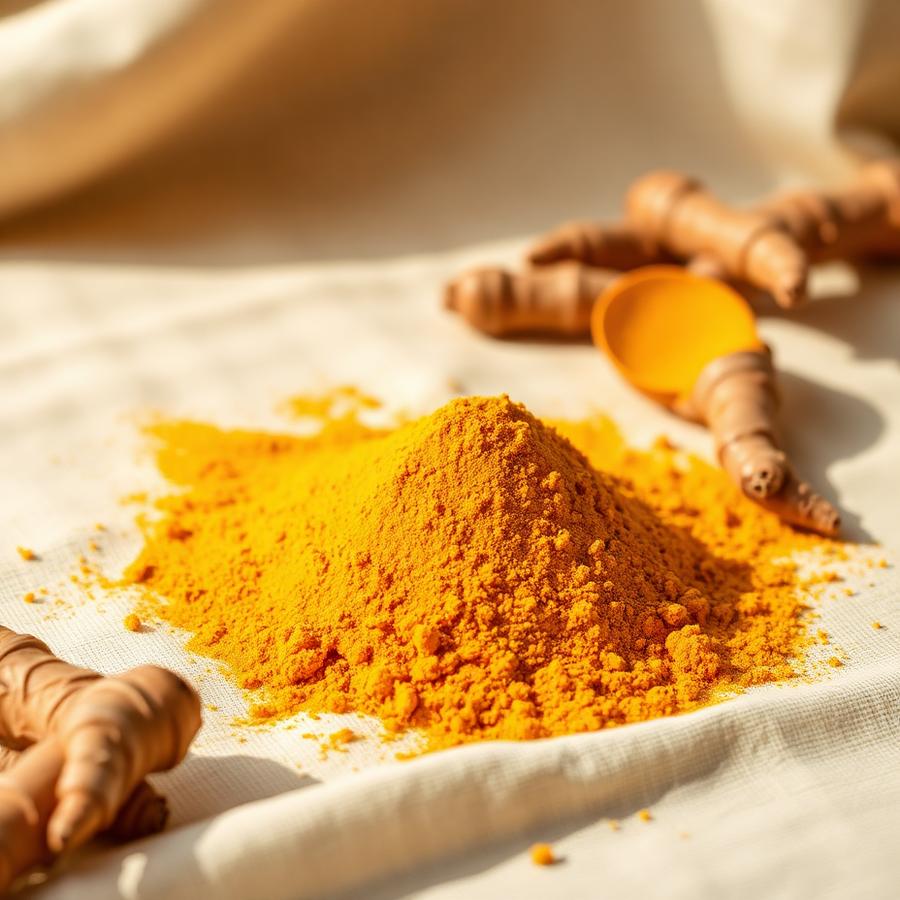 Golden turmeric powder with fresh turmeric roots on cream linen