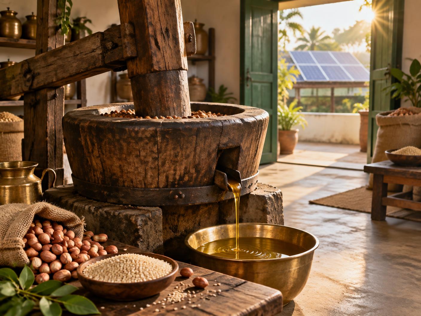 Solar-powered traditional wooden ghani pressing oil in a VitalRich workshop