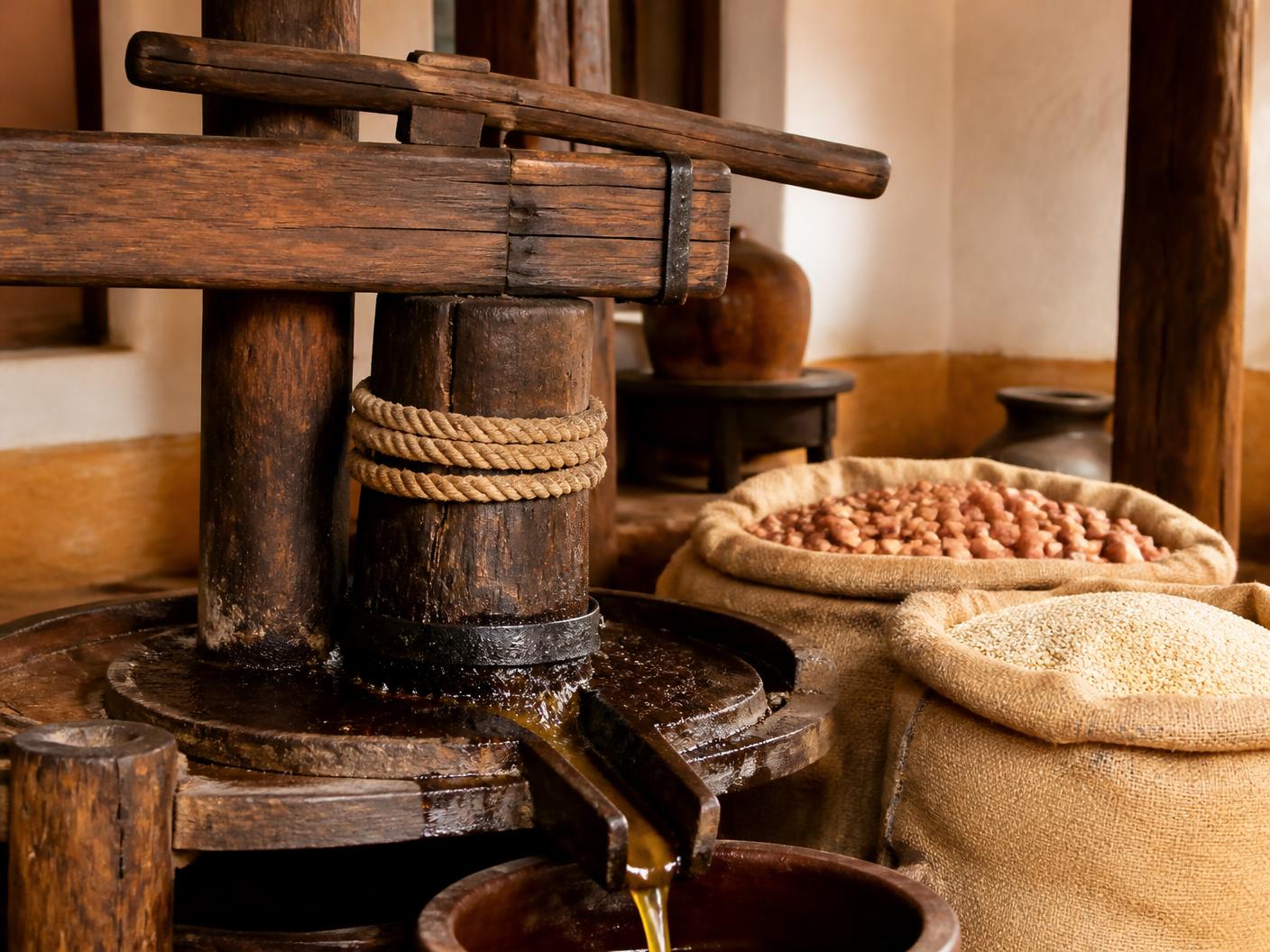 Traditional wooden cold-press oil ghani with groundnuts and sesame seeds in jute sacks